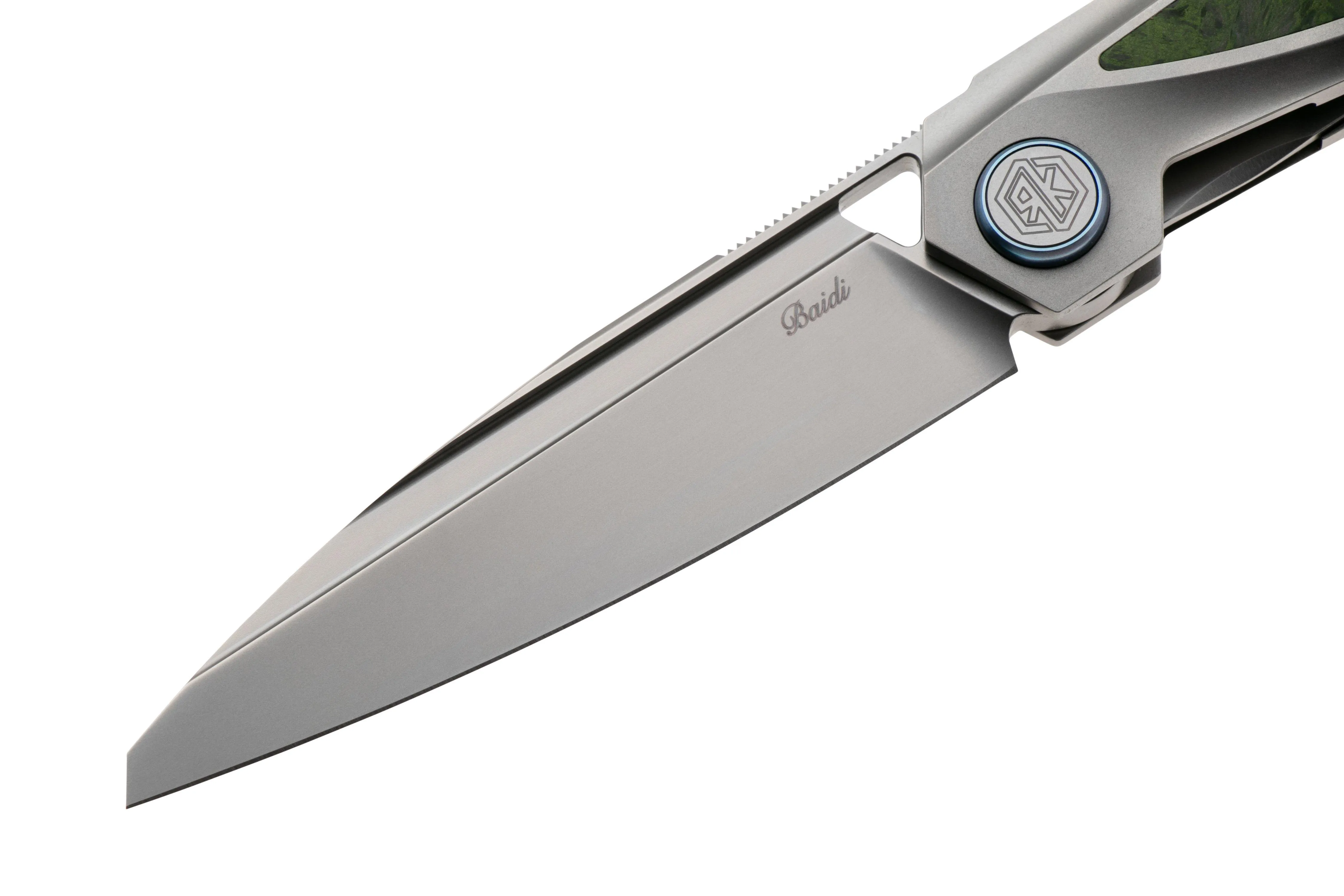 RIKE KNIFE BAIDI 132051 BEAD BLASTED BOHLER M390, TITANIUM, GREEN CARBON FIBER INLAY, NAVAJA