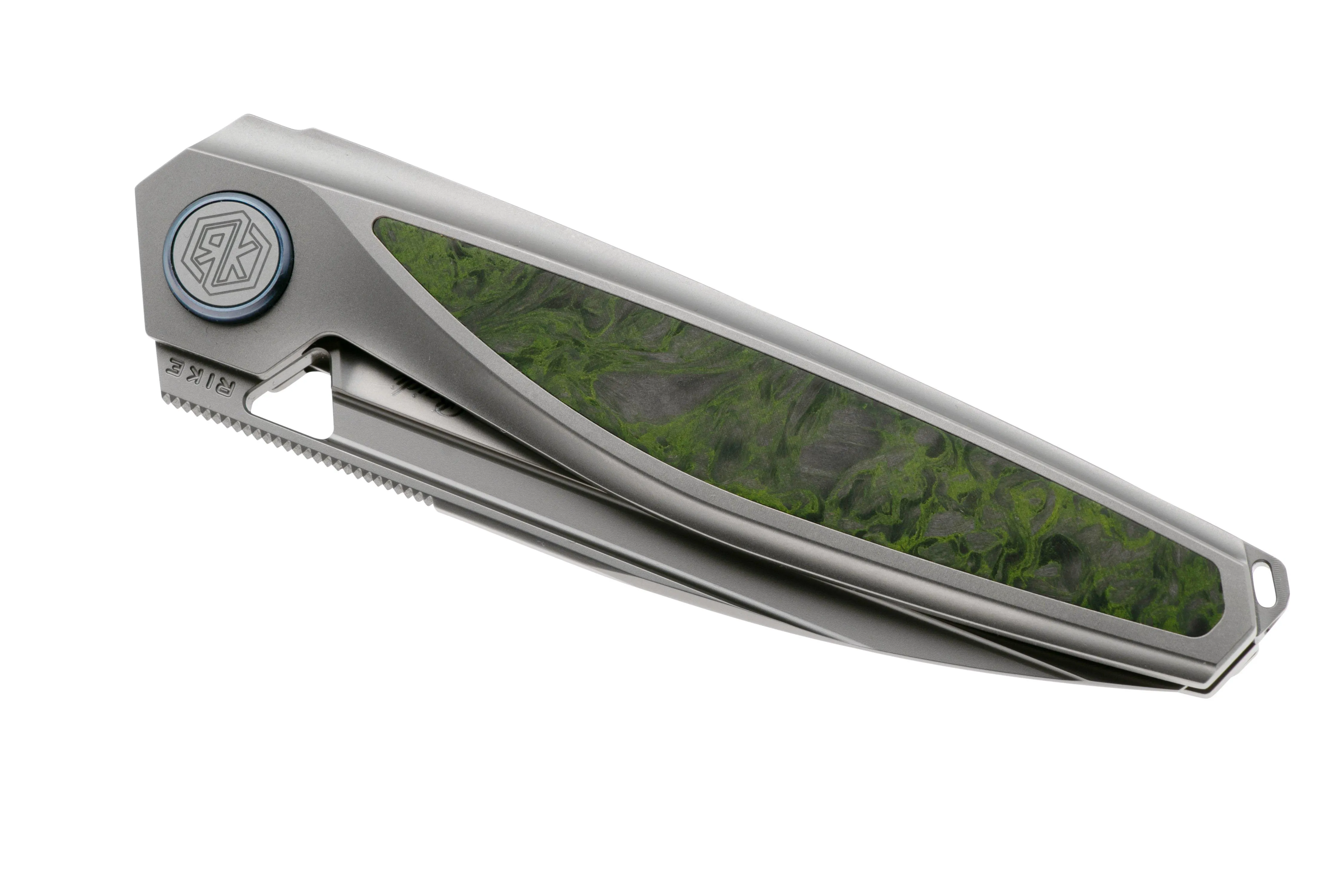RIKE KNIFE BAIDI 132051 BEAD BLASTED BOHLER M390, TITANIUM, GREEN CARBON FIBER INLAY, NAVAJA