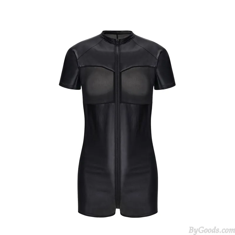 Sexy Faux Leather Mesh Splice Teddy Bodysuit For Man One Piece Tights Zipper Nightclub Stage Costumes Men's Lingerie