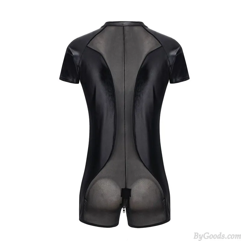 Sexy Faux Leather Mesh Splice Teddy Bodysuit For Man One Piece Tights Zipper Nightclub Stage Costumes Men's Lingerie