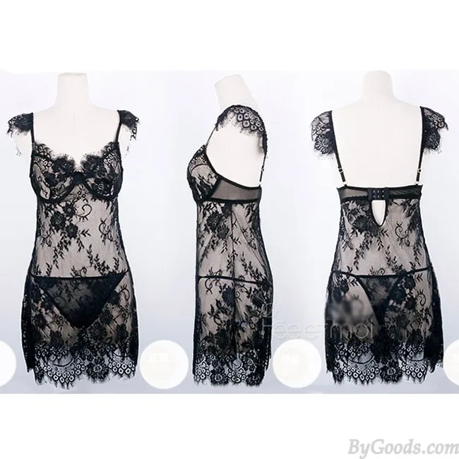 Sexy Flower Embroidery Push Up Braces Women's Lace Skirt See Through Lingerie 