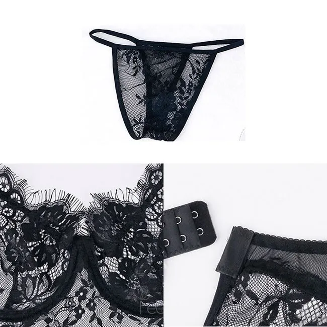 Sexy Flower Embroidery Push Up Braces Women's Lace Skirt See Through Lingerie 