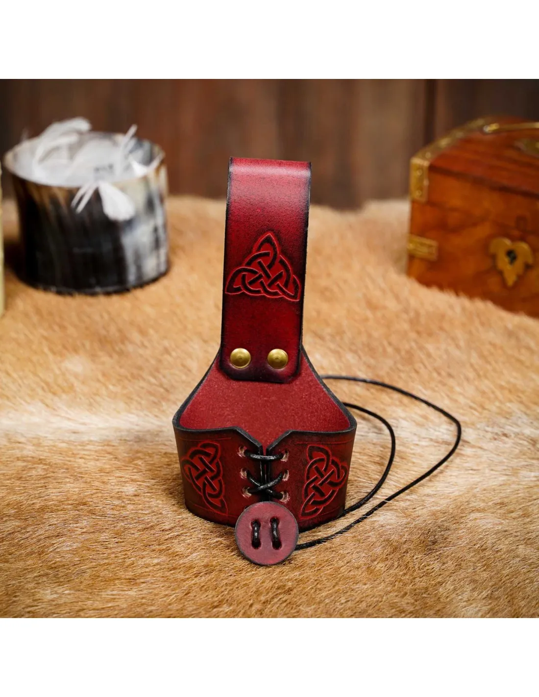 Tahalí artesanal para cuernos diseño nudo celta, burdeos