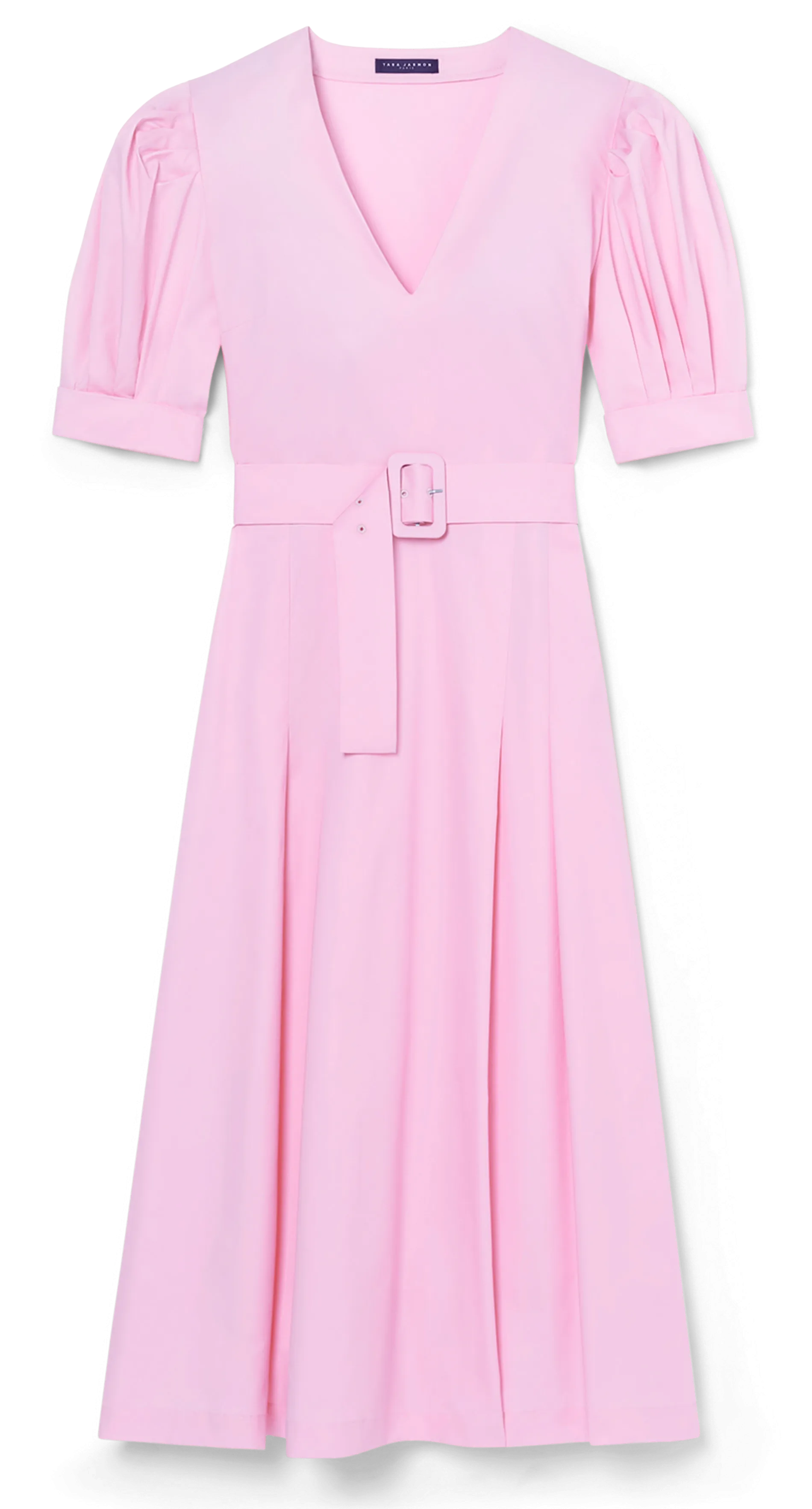 TARA JARMON RANYA  VESTIDO MIDI CON CUELLO EN V Y FALDA EVASé DE ALGODóN ORGáNICO EN ROSA