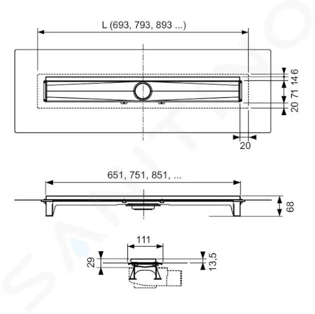 TECE TECEDRAILINEEVO  CANALETA DE DUCHA EVO 70 CM, PARA MONTAJE EN PARED, TAPA PROTECTORA, ACERO INOXIDABLE 600703