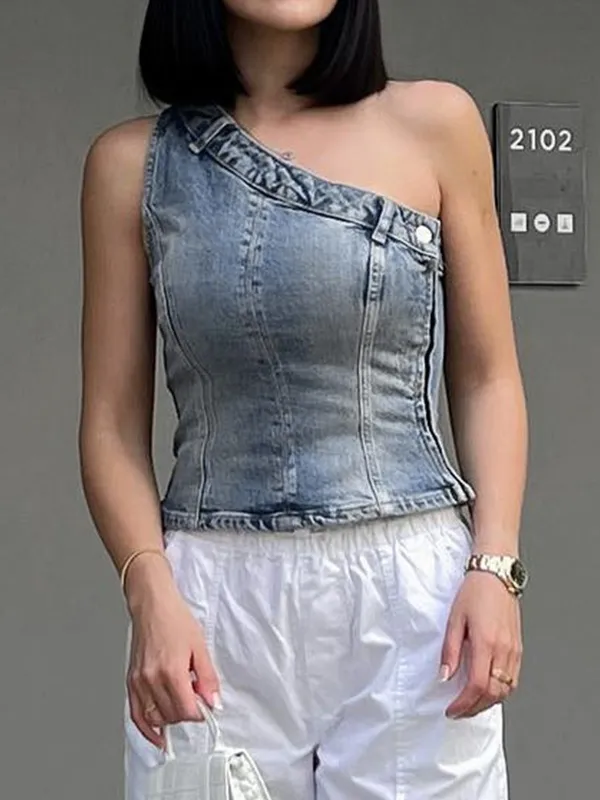 Top bandeau ajustado de mezclilla vintage con un hombro