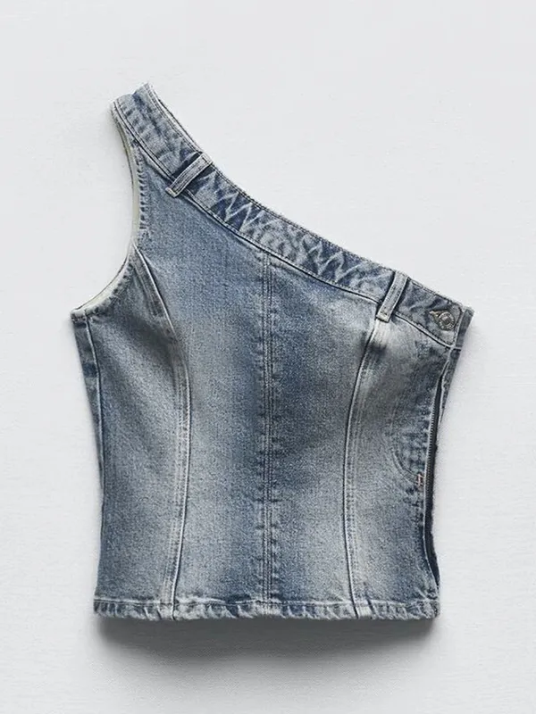 Top bandeau ajustado de mezclilla vintage con un hombro