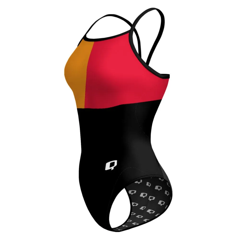 TRICOLOR BLACK, ORANGE AND RED  SUNBACK TANK SWIMSUIT