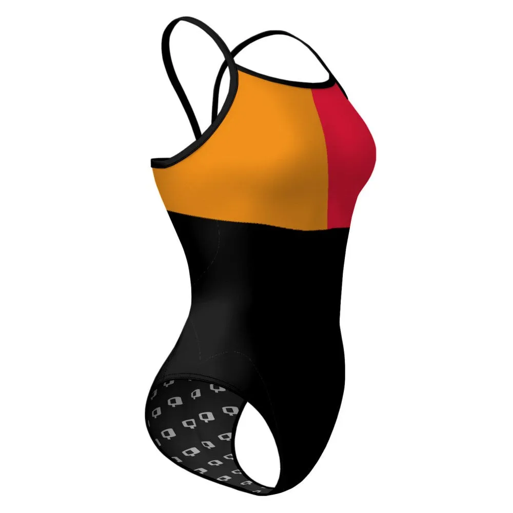 TRICOLOR BLACK, ORANGE AND RED  SUNBACK TANK SWIMSUIT